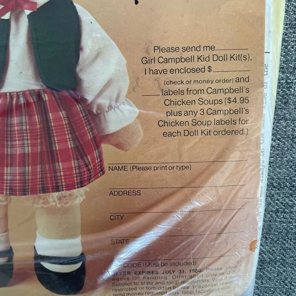Vintage NIP NOS New 70s Campbell’s Soup Campbell Kid Doll Kit Sealed Unassembled